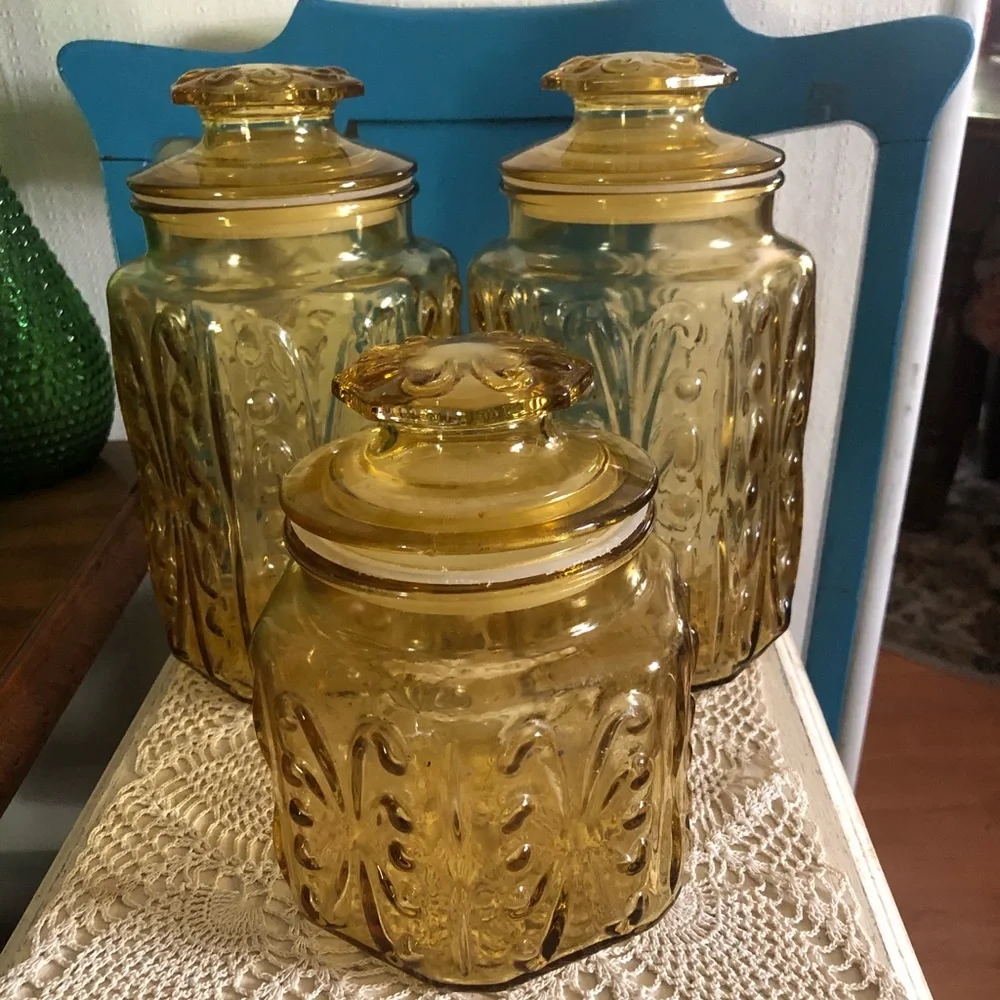 Vintage L.E. Smith IMPERIAL ATTERBURY SCROLL Honey Amber Glass CANISTERS